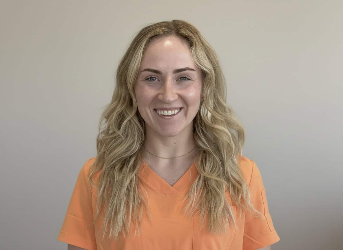 Licensed medical professional in orange scrubs smiling, healthcare setting, patient care.