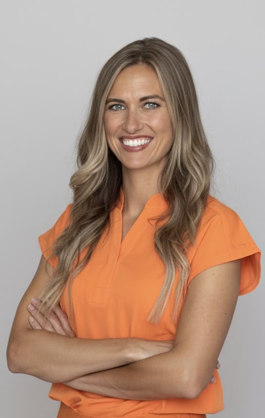 Board-certified healthcare professional smiling in an orange uniform.
