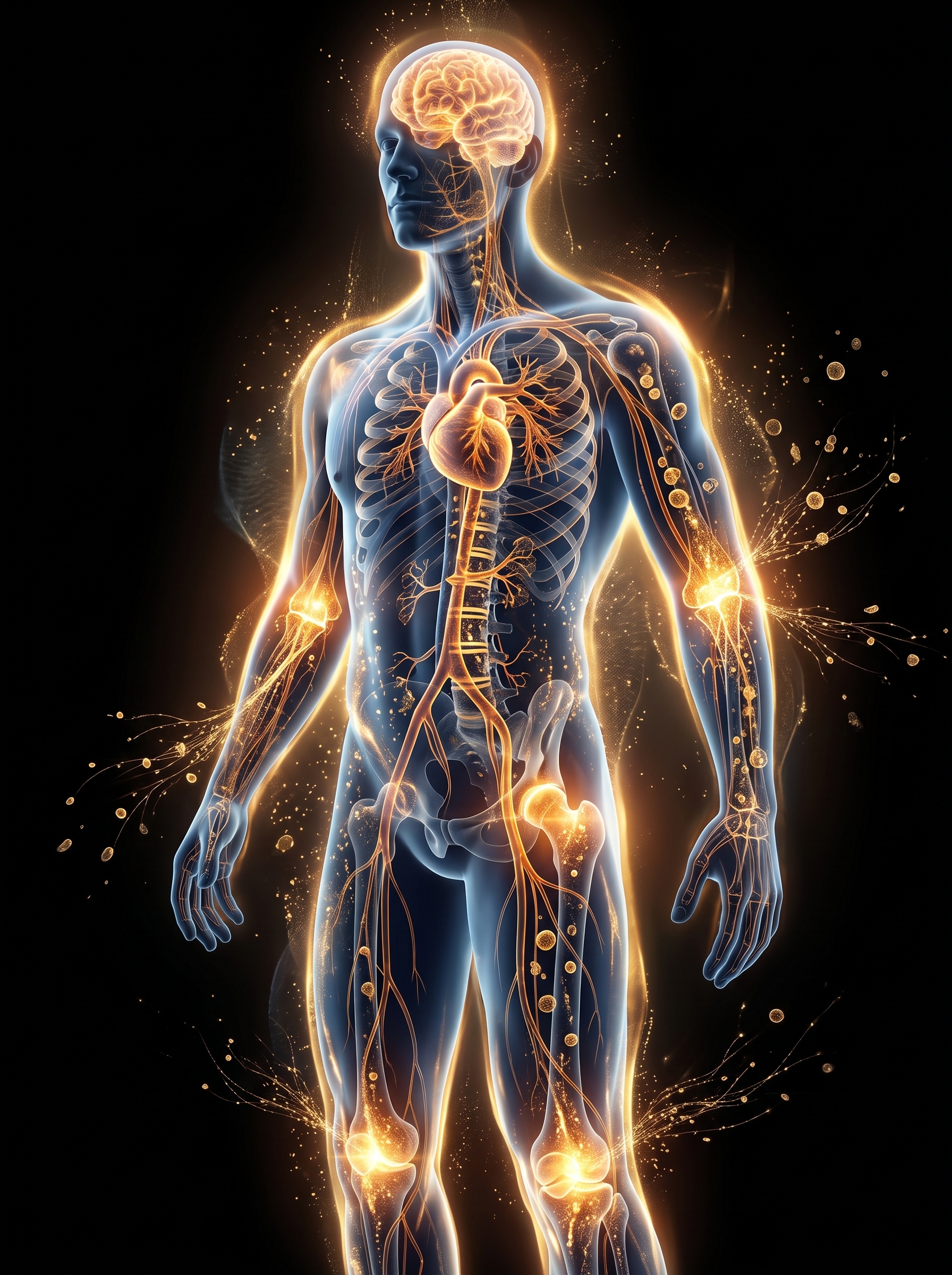 Glowing anatomical illustration of the human body highlighting joints, heart and nervous system